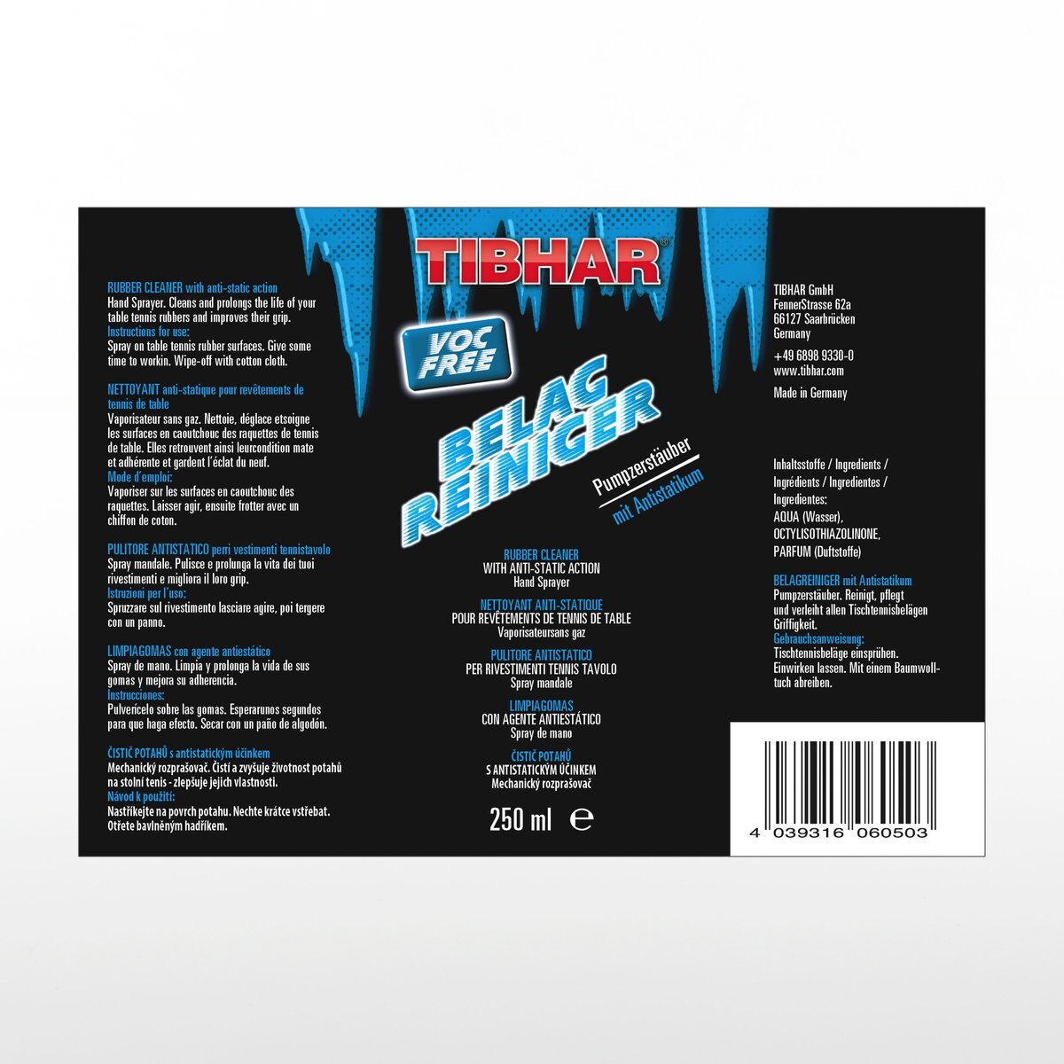 Tibhar Belagreiniger 250 Ml – Für Tischtennis-Beläge, Verlängert Die Haltbarkeit